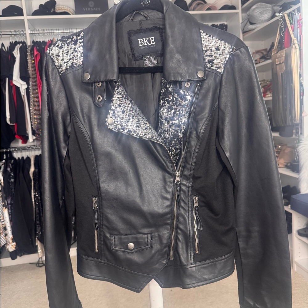BKE Black Vegan Leather Jacket with Silver Sequin Detail